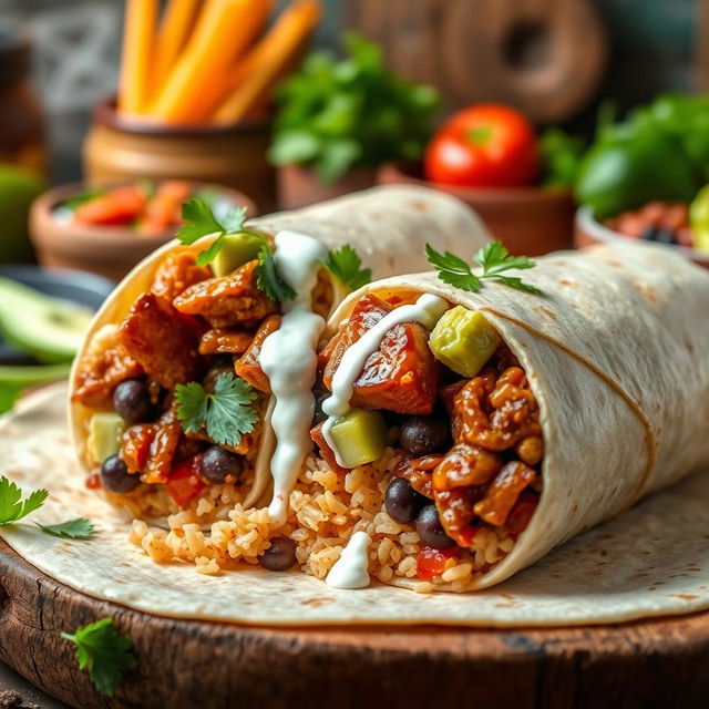 A mouthwatering burrito filled with Filipino adobo, featuring tender marinated meat stewed in a rich soy sauce and vinegar blend