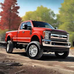 This is a vivid digital art image showcasing a lifted F450 truck in a striking shade of bright red