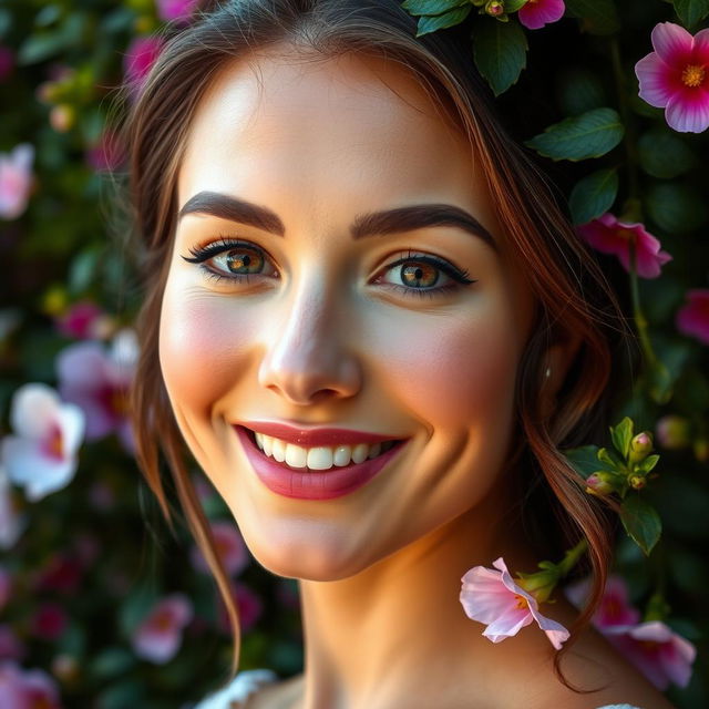 A close-up portrait of a beautiful woman with a radiant and stunning face