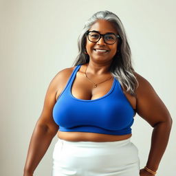 A statuesque and confident dusky Indian woman, aged 60, highlighted by her long grey hair and stylish glasses
