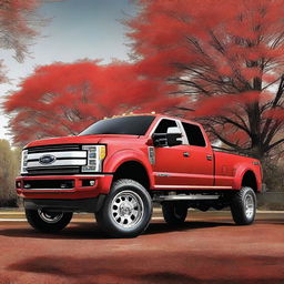 This is a vivid digital art image showcasing a lifted F450 truck in a striking shade of bright red