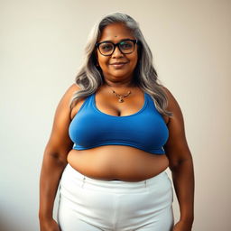 A statuesque and confident dusky Indian woman, aged 60, highlighted by her long grey hair and stylish glasses