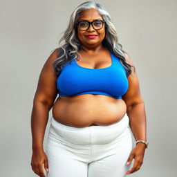 A statuesque and confident dusky Indian woman, aged 60, highlighted by her long grey hair and stylish glasses