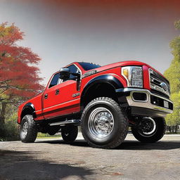 This is a vivid digital art image showcasing a lifted F450 truck in a striking shade of bright red