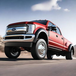 This is a high-quality realistic digital render featuring a lifted F450 truck in a vibrant red color