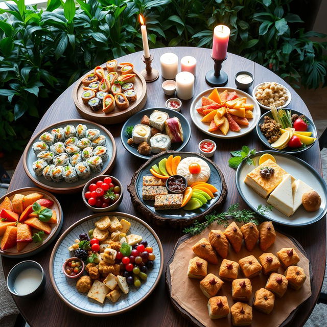 A delicious spread of diverse international dishes on a dining table, featuring colorful sushi rolls, beautifully arranged Mediterranean mezze with hummus and falafel, vibrant fresh fruit platters, an elegant cheese board with assorted cheeses and grapes, and an inviting dessert selection of pastries and cakes