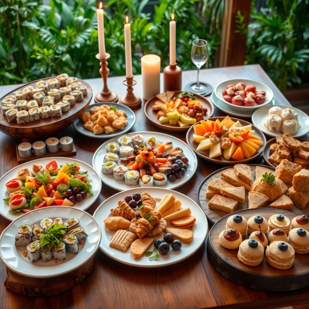 A delicious spread of diverse international dishes on a dining table, featuring colorful sushi rolls, beautifully arranged Mediterranean mezze with hummus and falafel, vibrant fresh fruit platters, an elegant cheese board with assorted cheeses and grapes, and an inviting dessert selection of pastries and cakes