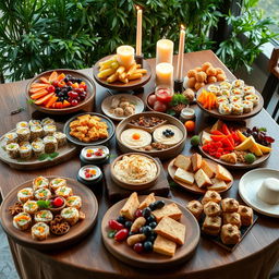 A delicious spread of diverse international dishes on a dining table, featuring colorful sushi rolls, beautifully arranged Mediterranean mezze with hummus and falafel, vibrant fresh fruit platters, an elegant cheese board with assorted cheeses and grapes, and an inviting dessert selection of pastries and cakes