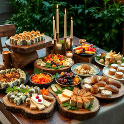 A delicious spread of diverse international dishes on a dining table, featuring colorful sushi rolls, beautifully arranged Mediterranean mezze with hummus and falafel, vibrant fresh fruit platters, an elegant cheese board with assorted cheeses and grapes, and an inviting dessert selection of pastries and cakes