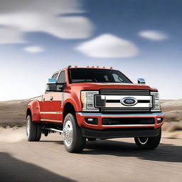 This is a high-quality realistic digital render featuring a lifted F450 truck in a vibrant red color