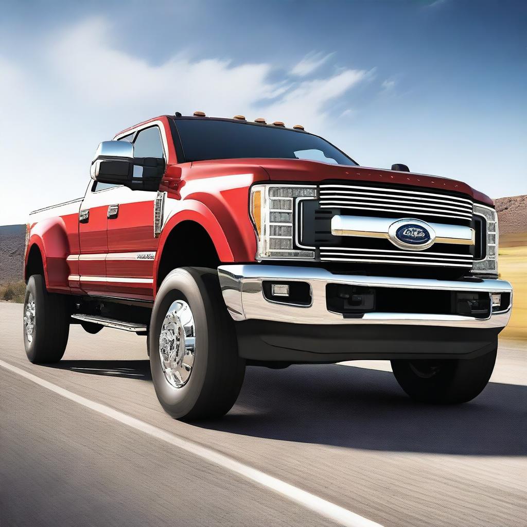 This is a high-quality realistic digital render featuring a lifted F450 truck in a vibrant red color