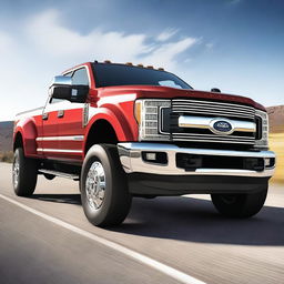 This is a high-quality realistic digital render featuring a lifted F450 truck in a vibrant red color