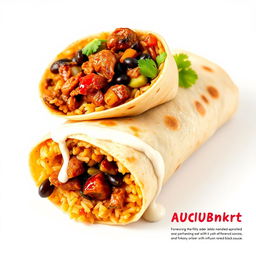 A visually appealing burrito styled as a fusion of Filipino adobo and Mexican cuisine, featuring a delicious blend of tender adobo meat marinated in soy sauce and vinegar, encased in a warm flour tortilla