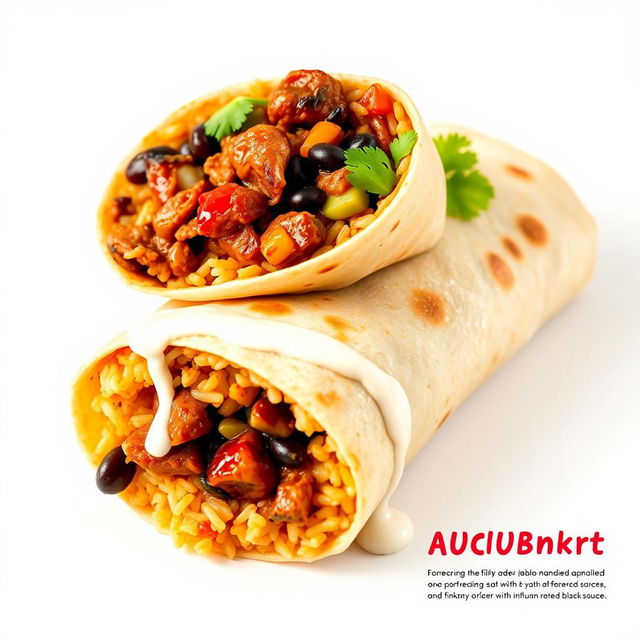 A visually appealing burrito styled as a fusion of Filipino adobo and Mexican cuisine, featuring a delicious blend of tender adobo meat marinated in soy sauce and vinegar, encased in a warm flour tortilla