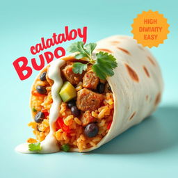 A visually appealing burrito styled as a fusion of Filipino adobo and Mexican cuisine, featuring a delicious blend of tender adobo meat marinated in soy sauce and vinegar, encased in a warm flour tortilla