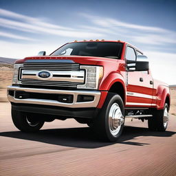 This is a high-quality realistic digital render featuring a lifted F450 truck in a vibrant red color