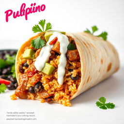 A visually appealing burrito styled as a fusion of Filipino adobo and Mexican cuisine, featuring a delicious blend of tender adobo meat marinated in soy sauce and vinegar, encased in a warm flour tortilla