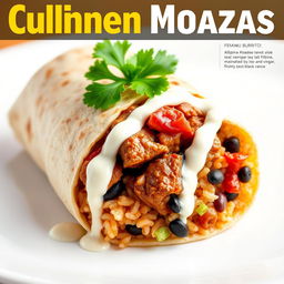A visually appealing burrito styled as a fusion of Filipino adobo and Mexican cuisine, featuring a delicious blend of tender adobo meat marinated in soy sauce and vinegar, encased in a warm flour tortilla