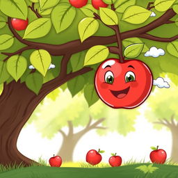 A cartoon-style illustration of a cute, red apple with a smiling face, falling from a green leafy tree