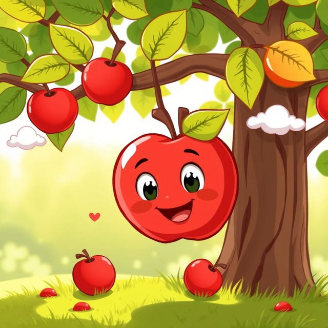 A cartoon-style illustration of a cute, red apple with a smiling face, falling from a green leafy tree