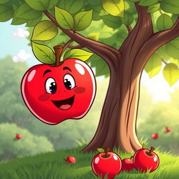 A cartoon-style illustration of a cute, red apple with a smiling face, falling from a green leafy tree