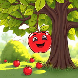 A cartoon-style illustration of a cute, red apple with a smiling face, falling from a green leafy tree