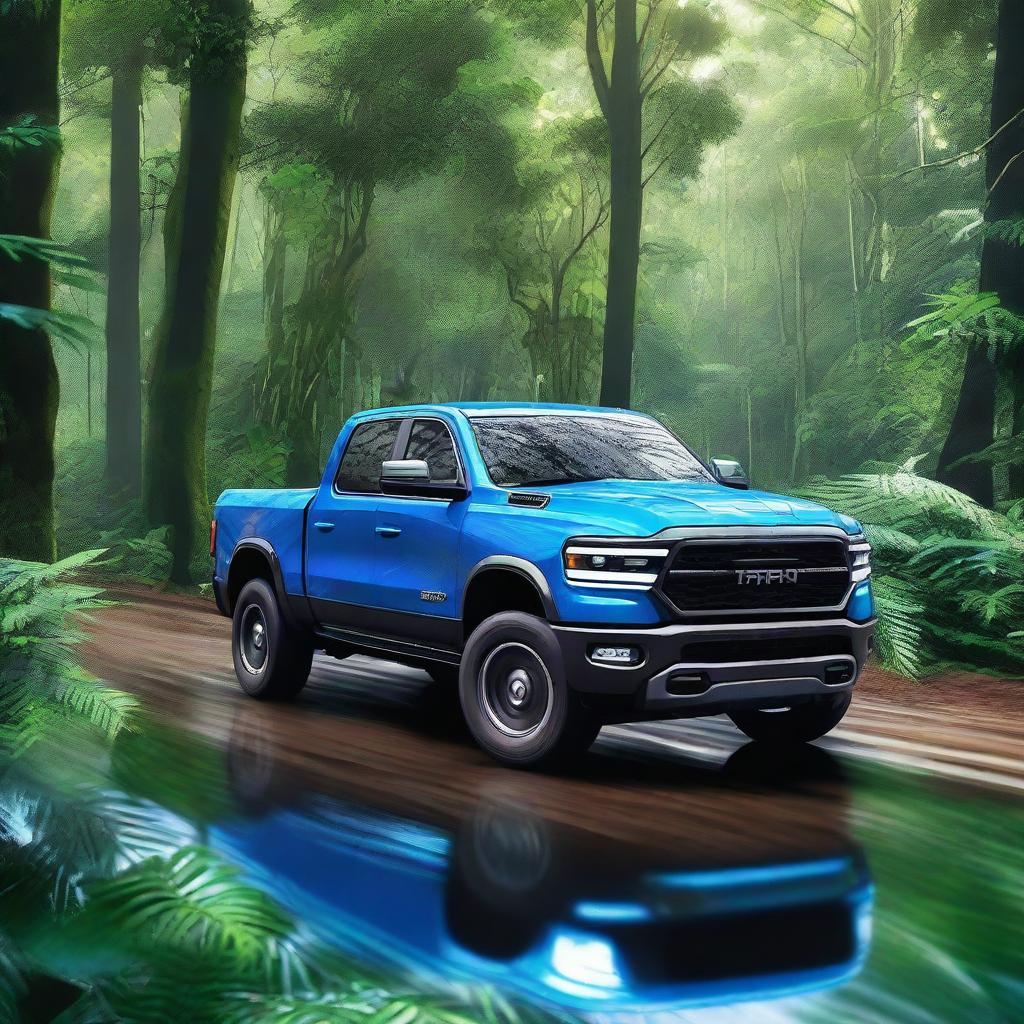 A vibrant digital art image showcasing a shiny blue Ram TRX, a full-size pickup truck, cruising down a highway that cuts through a dense, green jungle