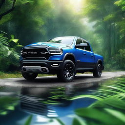 A vibrant digital art image showcasing a shiny blue Ram TRX, a full-size pickup truck, cruising down a highway that cuts through a dense, green jungle