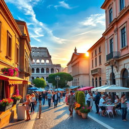 A vibrant and lively street scene in Rome, Italy, showcasing iconic landmarks such as the Colosseum and the Roman Forum under a stunning blue sky