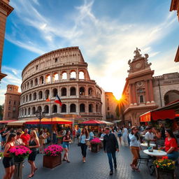 A vibrant and lively street scene in Rome, Italy, showcasing iconic landmarks such as the Colosseum and the Roman Forum under a stunning blue sky