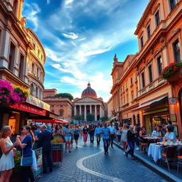 A vibrant and lively street scene in Rome, Italy, showcasing iconic landmarks such as the Colosseum and the Roman Forum under a stunning blue sky