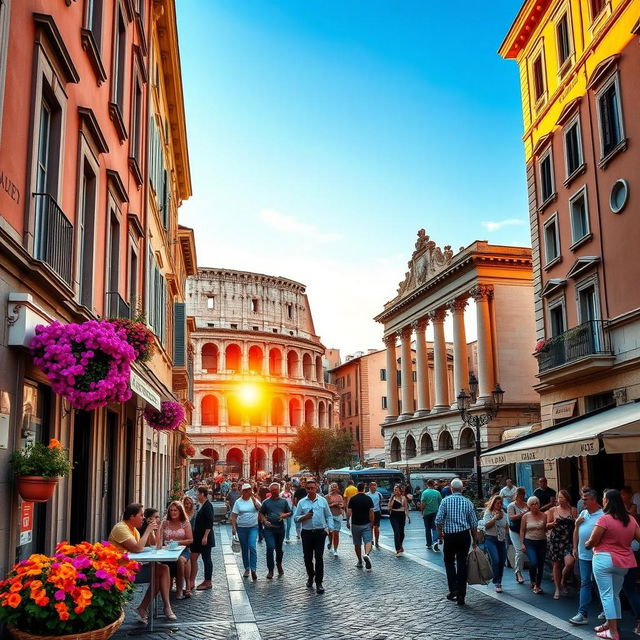 A vibrant and lively street scene in Rome, Italy, showcasing iconic landmarks such as the Colosseum and the Roman Forum under a stunning blue sky