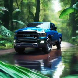 A vibrant digital art image showcasing a shiny blue Ram TRX, a full-size pickup truck, cruising down a highway that cuts through a dense, green jungle