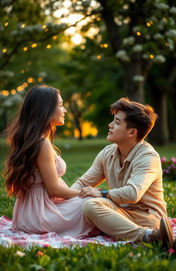 A romantic scene between two young adults in a beautiful park during sunset