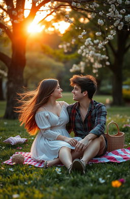 A romantic scene between two young adults in a beautiful park during sunset