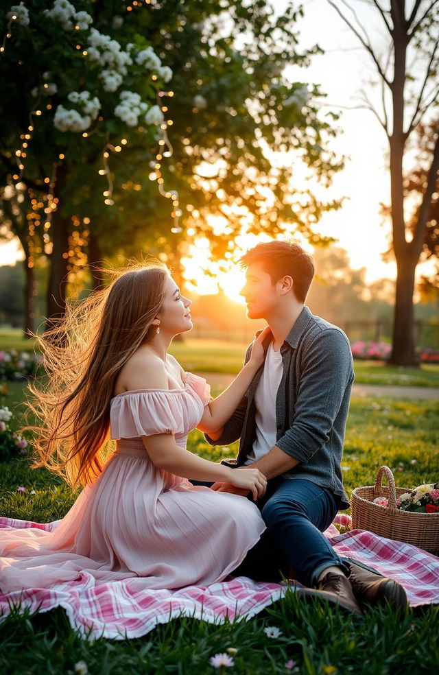 A romantic scene between two young adults in a beautiful park during sunset