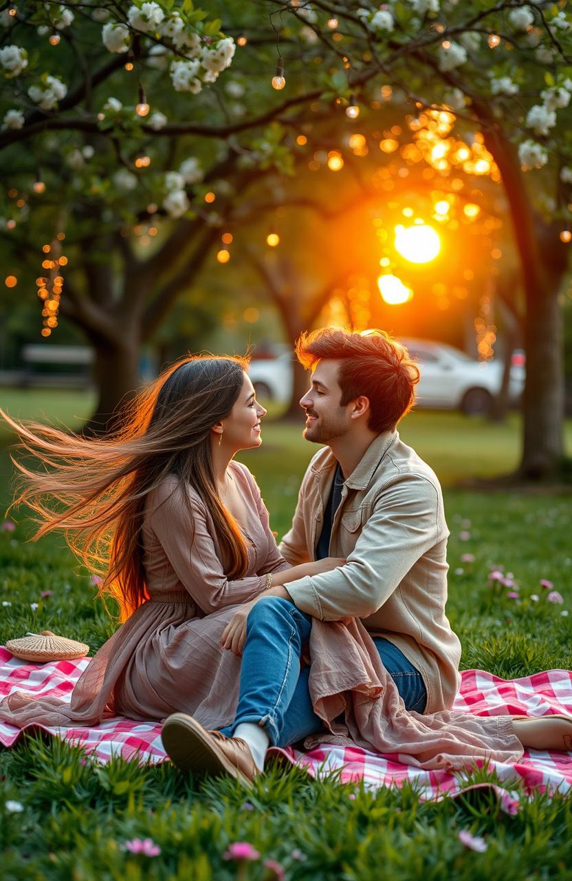 A romantic scene between two young adults in a beautiful park during sunset