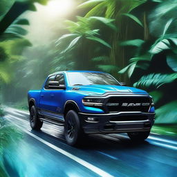 A vibrant digital art image showcasing a shiny blue Ram TRX, a full-size pickup truck, cruising down a highway that cuts through a dense, green jungle