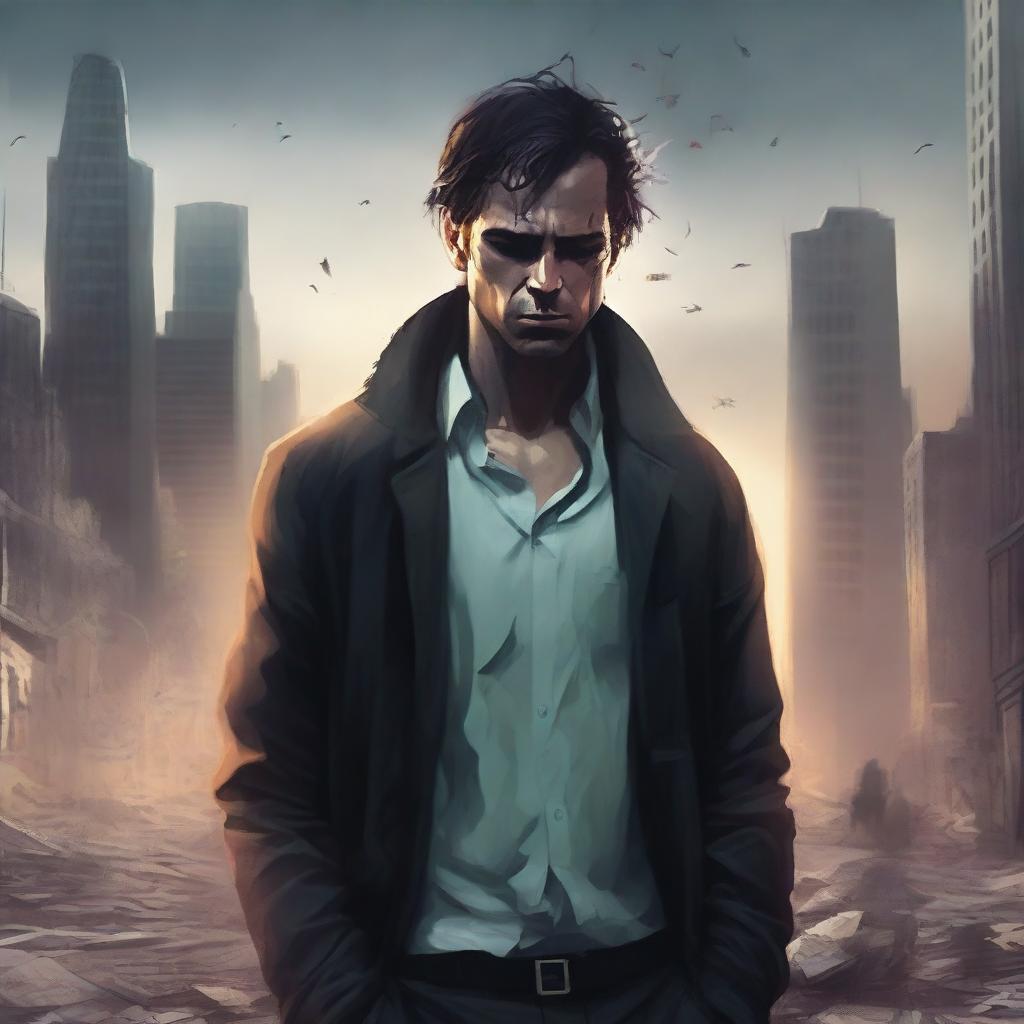 A high-quality digital art piece depicting a man, grief-stricken and resolute, standing amidst a chaotic cityscape