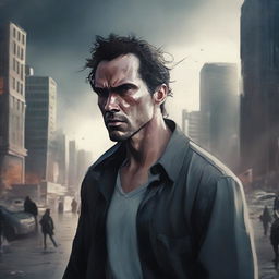 A high-quality digital art piece depicting a man, grief-stricken and resolute, standing amidst a chaotic cityscape