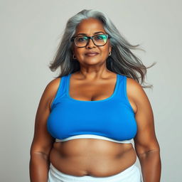 A striking dusky Indian woman, aged 60, combines elegance and confidence in her full front pose