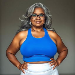 A striking dusky Indian woman, aged 60, combines elegance and confidence in her full front pose