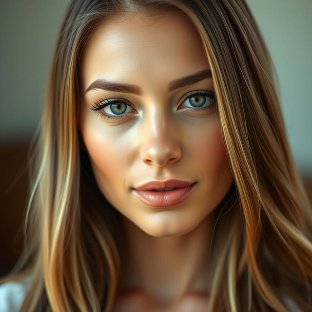 A realistic portrait of a beautiful woman with perfectly symmetrical facial features, capturing delicate details like her smooth skin, bright eyes, and subtle makeup