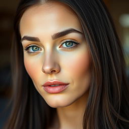 A realistic portrait of a beautiful woman with perfectly symmetrical facial features, capturing delicate details like her smooth skin, bright eyes, and subtle makeup
