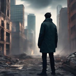 A high-quality digital art piece depicting a man, grief-stricken and resolute, standing amidst a chaotic cityscape