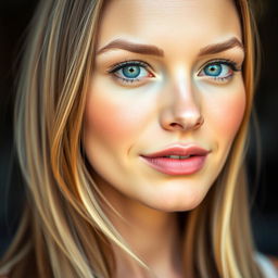 A realistic portrait of a beautiful woman with perfectly symmetrical facial features, capturing delicate details like her smooth skin, bright eyes, and subtle makeup