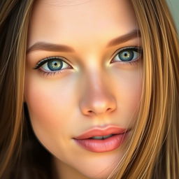 A realistic portrait of a beautiful woman with perfectly symmetrical facial features, capturing delicate details like her smooth skin, bright eyes, and subtle makeup