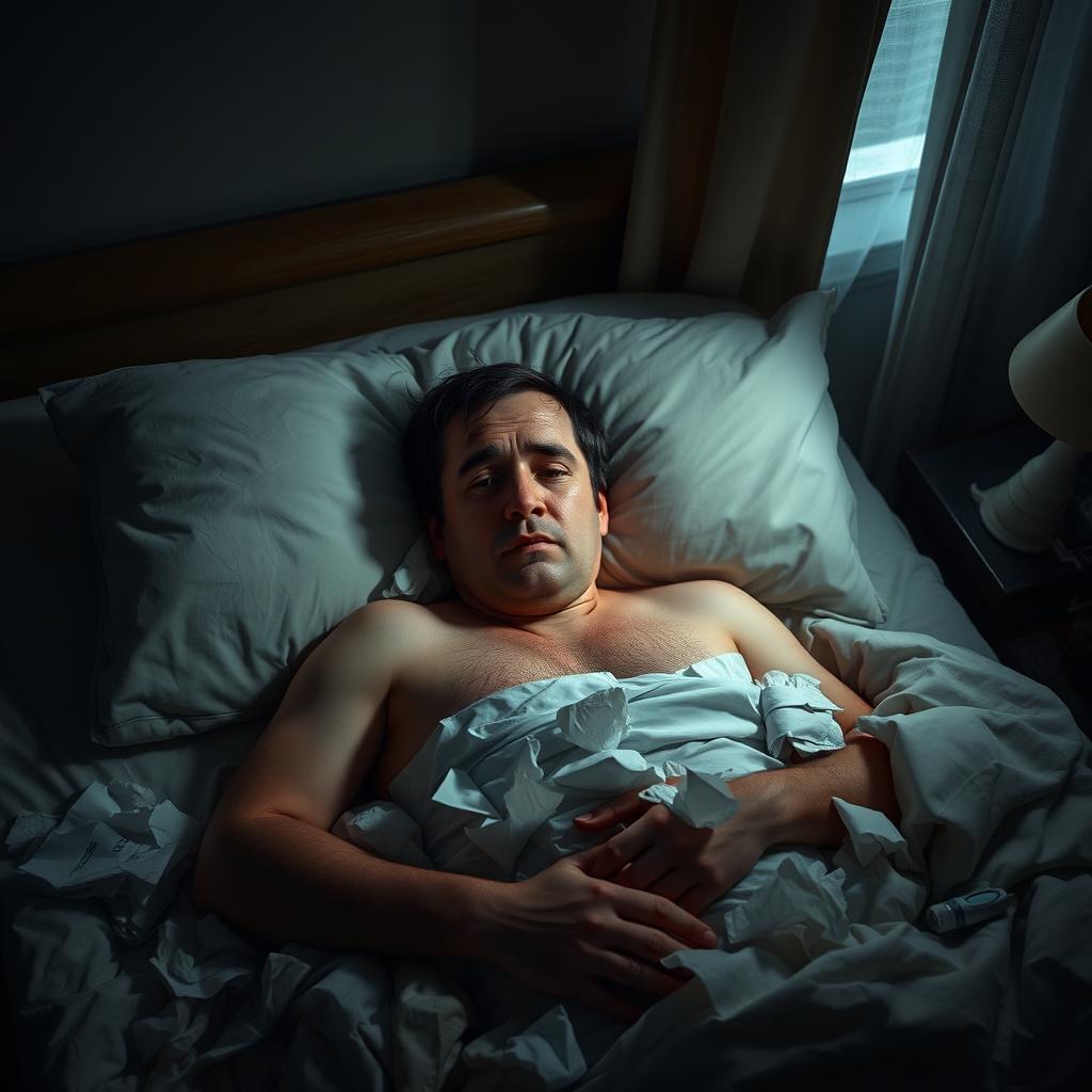 A sick man lying in bed, surrounded by tissues and medication, looking weary and exhausted
