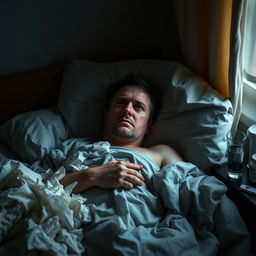 A sick man lying in bed, surrounded by tissues and medication, looking weary and exhausted
