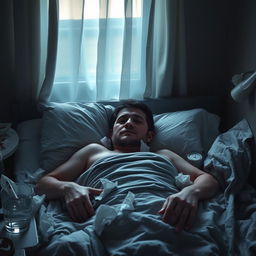 A sick man lying in bed, surrounded by tissues and medication, looking weary and exhausted